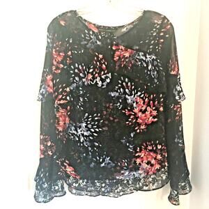 White House Black Market floral top sheer ruffles